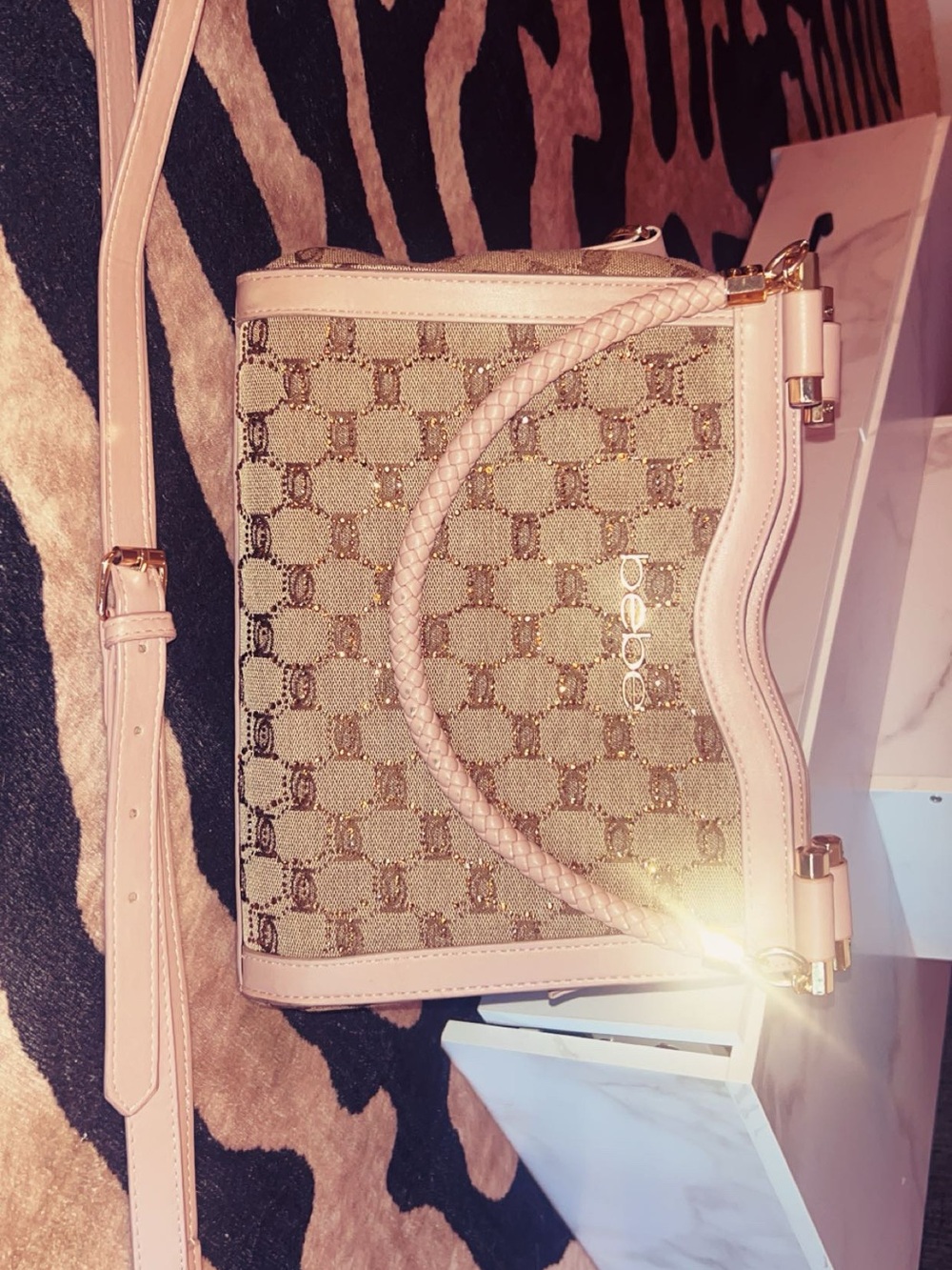 bebe Pink Trim Signature Monogram Satchel